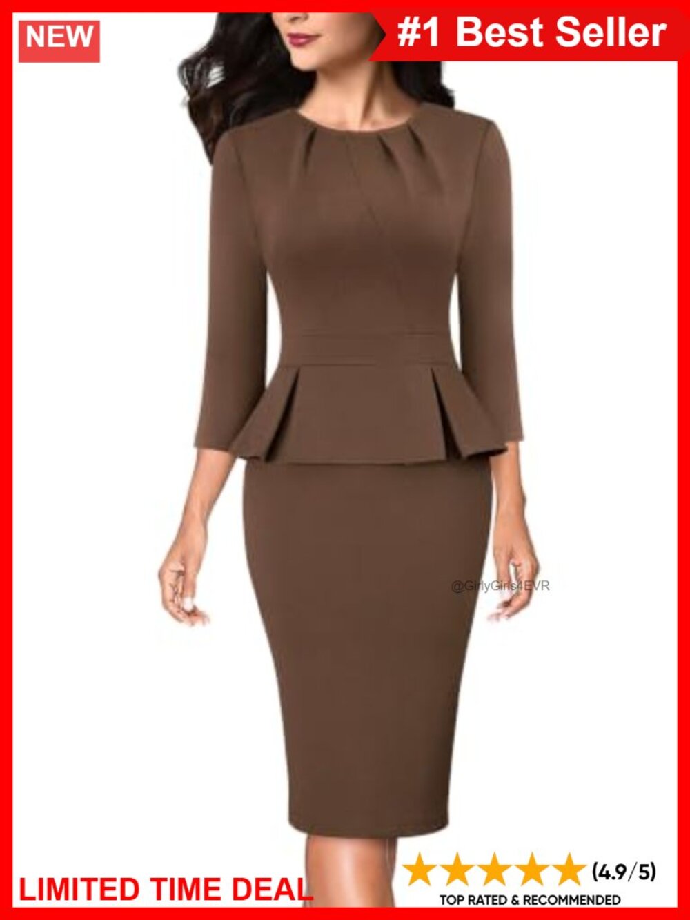 Womens Peplum Sheath Work Dress 3/4 Sleeve Knee Length Business Office